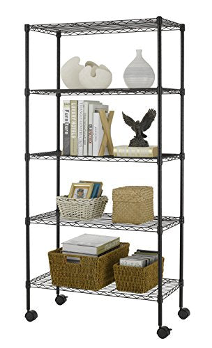 Finnkare Premium Heavy Duty 5 Tier Adjustable Metal Wire Shelving Rack Unit Storage Organizer Tower Shelf System 3Layer Anti-Rust Coating Display Workshop Kitchen Steel Leveling Feet 30”x14”x60” Black