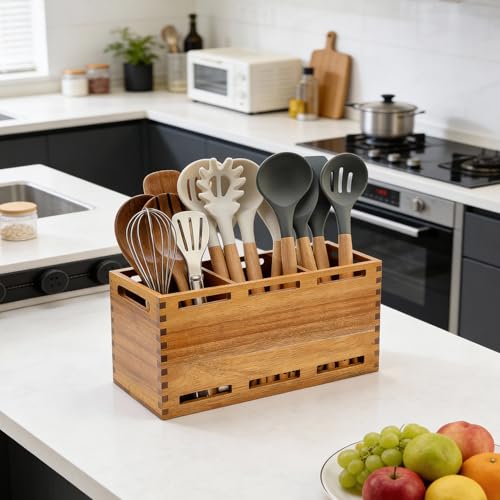 Acacia Wood Large Utensil Holder for Kitchen Counter Organizer Spoon Holder - view 2