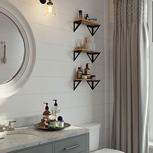 Minori Floating Shelves Set of 3, Small Bookshelf Unit for Living Room, Office, and Bedroom, Natural Burned Rustic Wood Wall Decor with Metal Floating Shelf Bracket 6D x 17W x 5.5H in - view 5