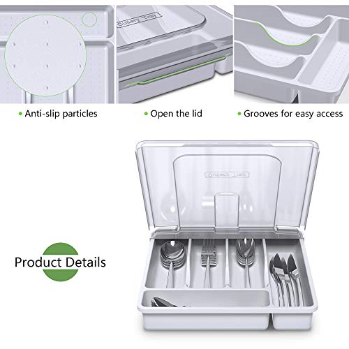 Utensil Holder for Countertop with Lid, Plastic Silverware Tray for Drawer, 5 Compartments Flatware Organizer, White - view 3