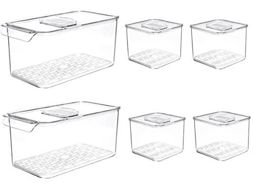 Produce Saver Containers for Refrigerator - Stackable Kitchen Organizer Keeper Bin, with Removable Drain Tray, Set of 6