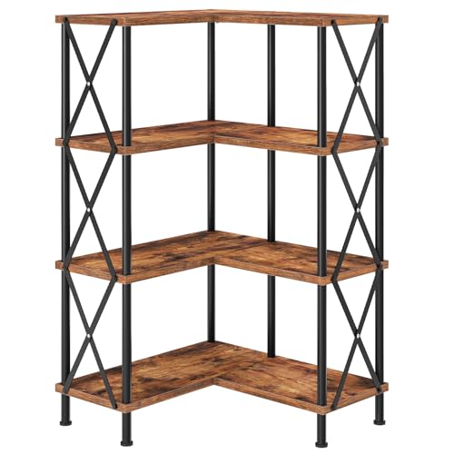 Corner Bookshelf, 4-Tier L-Shaped Bookcase, Industrial Open Display Shelf Tall Storage Organizer, Vertical Storage Rack, for Living Room, Home Office, Rustic Brown and Black BF59SJ01