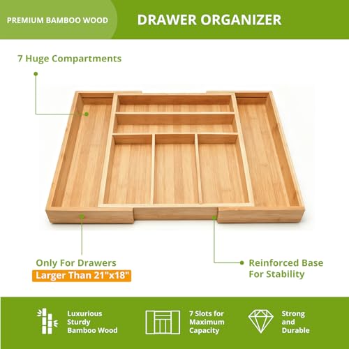 Premium Bamboo Kitchen Drawer Organizer, Perfect for Storing Cutlery, Silverware, and Gadgets, Suitable for Kitchens, Living Rooms, and Bedrooms, 5-7 Compartments, 13 to 19.6 Inches Wide - view 3