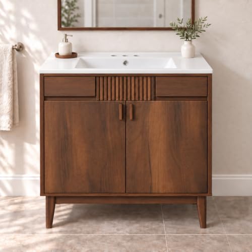 36 Inch Bathroom Vanity with Sink, Mid Century Walnut Freestanding Vanity Cabinet with Ceramic Sink Top, Solid Wood Legs, Vertical Slatted Accent, Soft Close Doors and Storage