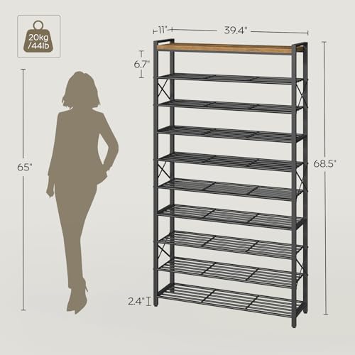 10-Tier Shoe Rack, 39.4" L Shoe Shelf for 45-50 Pairs of Shoes, Tall Shoe Storage Organizer with Metal Frame, Large Capacity Shoes Rack for Entryway, Closet, Rustic Brown and Black SS39BR - view 3