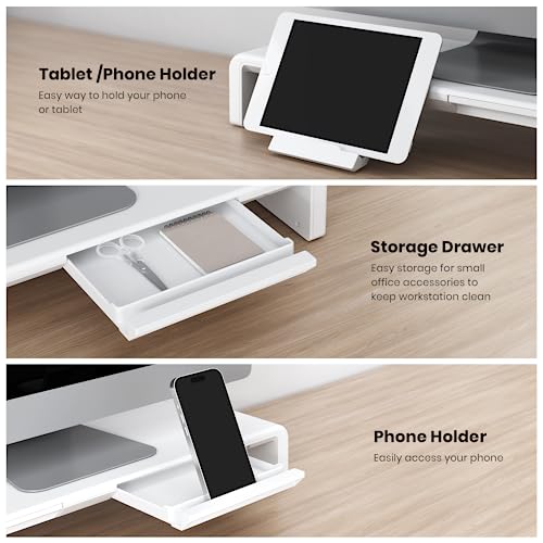 Monitor Stand Riser, Klearlook Foldable, Height Adjustable Computer Stand, Desk Shelf Riser with Storage Drawer &Tablet Phone Stand for Desktop, Laptop (White) - view 5