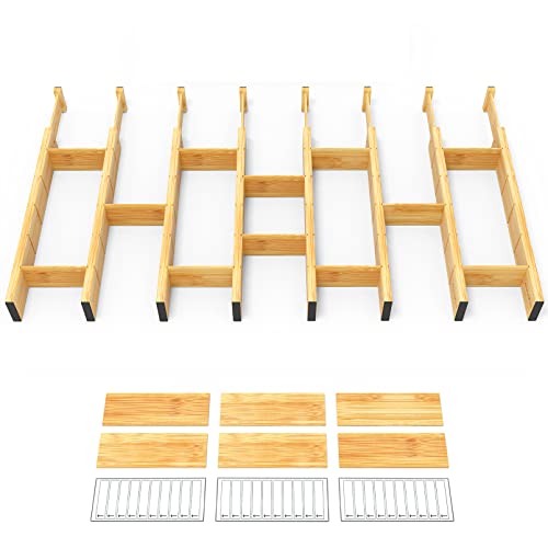 Bamboo Drawer Dividers with Inserts and Labels, Kitchen Adjustable Drawer Organizers, Expandable Organization for Home, Office, Dressers and Bathroom, 8 Dividers with 18 Inserts (17-22 in)