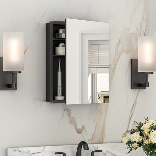 Black Medicine Cabinet with Mirror 14" x 18", Adjustable Shelves