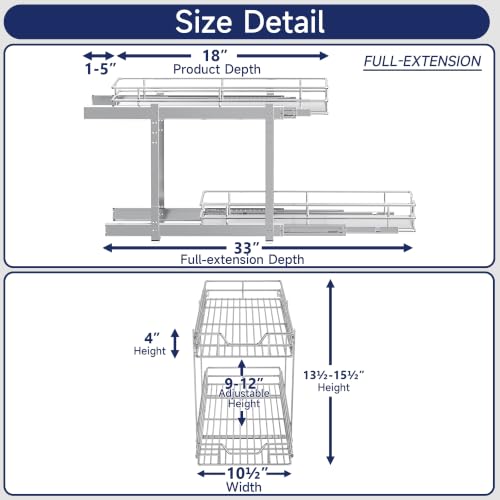 2-Tier Pull Out Cabinet Organizer, 10.5" W x 18" D, Heavy Duty Dual Slide Out Shelves for Narrow Base Cabinets, Chrome Wire Basket Drawer for Spices, Bottles & Snacks - view 2