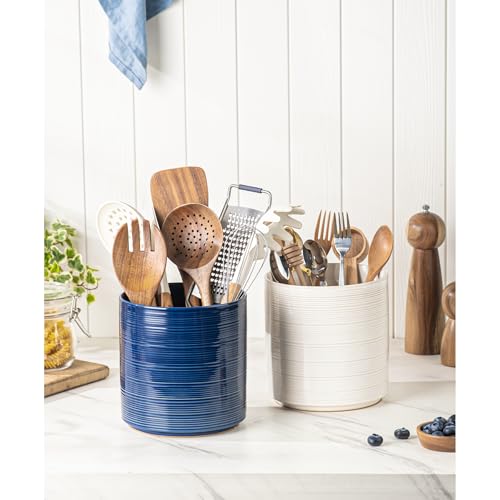 Large Utensil Holder for Kitchen Counter, 7.3” Ceramic Cooking Utensil Crocks for Spatula & Spoon, Farmhouse Kitchen Utensil Holder with Cork, Home Decor, Dark Blue - view 2