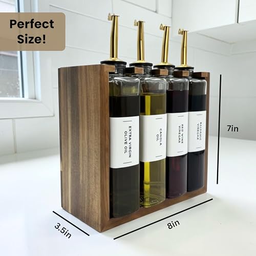 The Oil Library | Glass Oil & Vinegar Bottles with 100% Acacia Wood Stand | 4 Containers, 5 Gold Nozzles & 35 Stain-Resistant Labels | Countertop Display Set - view 6