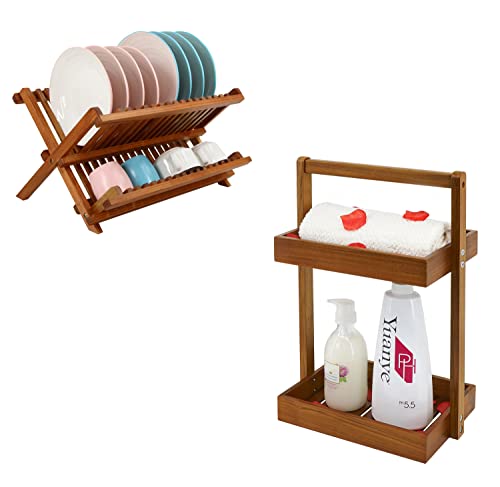 Teak Dish Drying Rack and 2 Tier Standing Shower Organizer Caddy