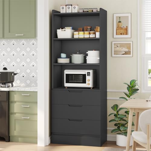 Bookcase with 3 Drawers and Shelves 73.23'' Tall Bookshelf with Storage Modern Wood Closet Drawers System,Closet Organizer Unit Freestanding Tall Storage Cabinet for Home Office,Bathroom,Black - view 5