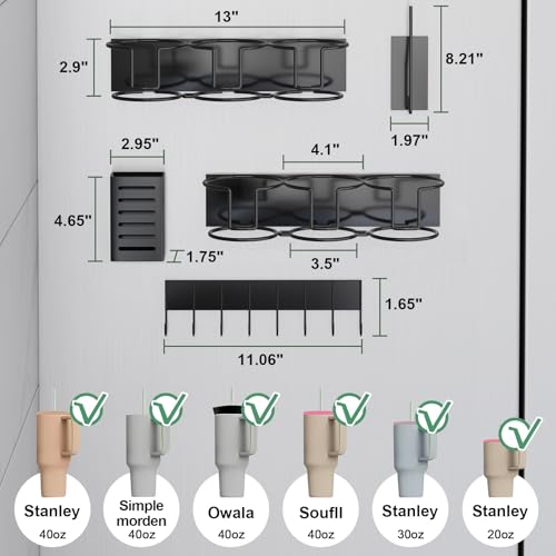 Magnetic Cup Holder for Fridge, Tumbler Organizer with 8-Hook Rack, Fits 20/30/40 oz Stanley Cups, Accessory Storage with Lid & Straw Holder, Water Bottle Organizer for Kitchen Refrigerator - view 5