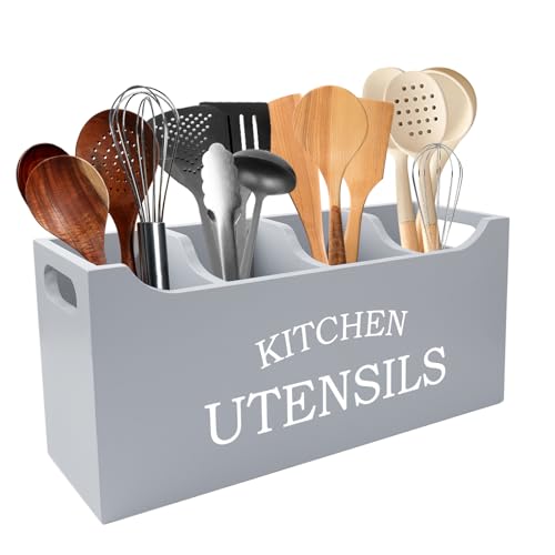 Kitchen Utensil Holder with Drainage Bottom, Extra Large 4 Compartments Solid Real Wood Utensil Organizer for Kitchen Counter, Farmhouse Cooking Tools Storage for Countertop, Grey