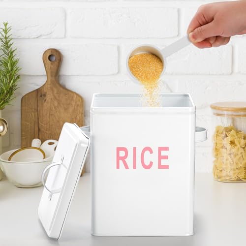 10 Lbs Metal Rice Storage Container, Square Rice Canister with Lid and Measuring Scoop, Countertop Sealed Food Storage Container for Cereal, Beans, Pet Food, White - view 7