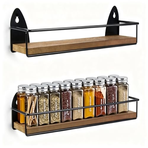 2 Pack Spice Rack Wall Mount Rustic Style Hanging Spice Organizer for Wall, Kitchen Spice Storage,Black