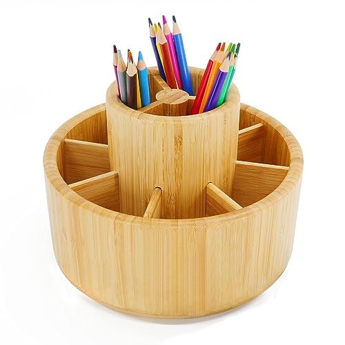 Bamboo Rotating Art Supply Desk Organizer, Pencil Holder Desktop