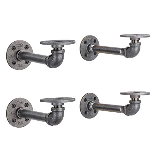 Industrial Pipe Shelf Brackets, 6 Inch, 4 Pack – Wall Mounted Double Flange Floating Shelf Hardware, Rustic Vintage-Style Shelving Support Set