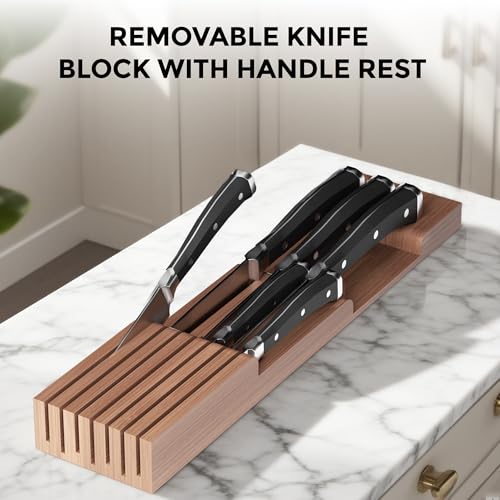 Expandable Bamboo Silverware Organizer with Knife Block, Brown - view 3