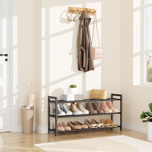 3-Tier Expandable Shoe Rack for Closet, Adjustable 18"-33" Metal Shoe Organizer for 12 Pairs, Shoe Shelf for Small Spaces, Entryway, Bedroom with 5 Hooks - view 2