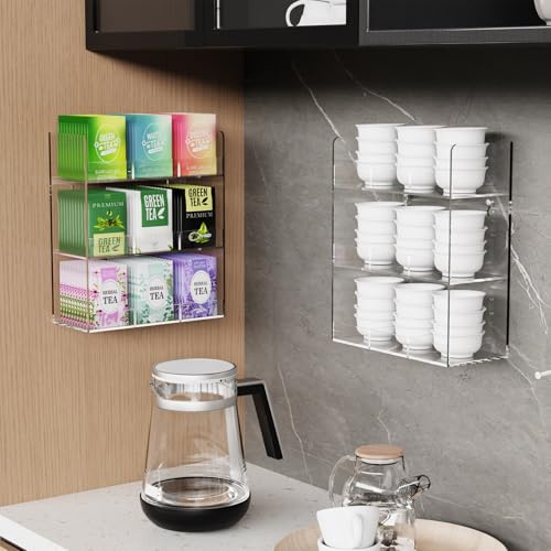 Acrylic Tea Bag Organizer, 3 Layers Tea Bag Holder for Tea Packets, No Assembly Required, Wall Mount Display Tea Caddy for Countertop or Cabinet, 9 Slots, Clear - view 6