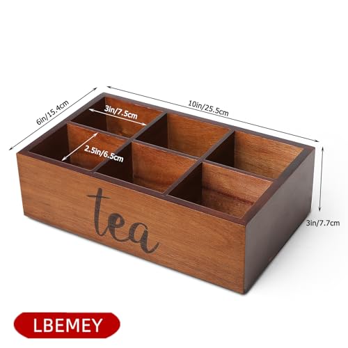 Tea Bag Organizer, Wood Tea Storage Containers with 6 Compartments, Sugar Packet Holder,Tea Bag Caddy Box for Cabinet Countertop Office (Brown-Labeled "Tea") - view 3