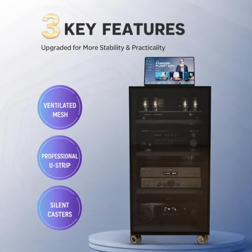 4-Tier Audio Rack with Wheels – Adjustable AV Stand with Wood Shelves & Glass Door for Home Theater, TV Storage, Media Console – Stylish Furniture Solution for Entertainment Systems - view 3