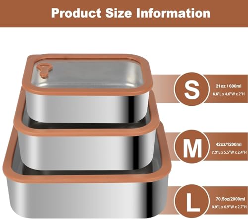 304 Stainless Steel Food Storage Containers - Heat-Resistant Glass Lid Set for Secure Meal Prep, Ideal for Cooking, Office & Camping (3pcs-21 oz, 42 oz and 70 oz) - view 2