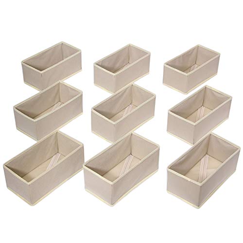9 Pack Foldable Cloth Storage Box Closet Dresser Drawer Organizer Fabric Baskets Bins Containers Divider for Clothes Underwear Bras Socks Lingerie Clothing,Beige 090