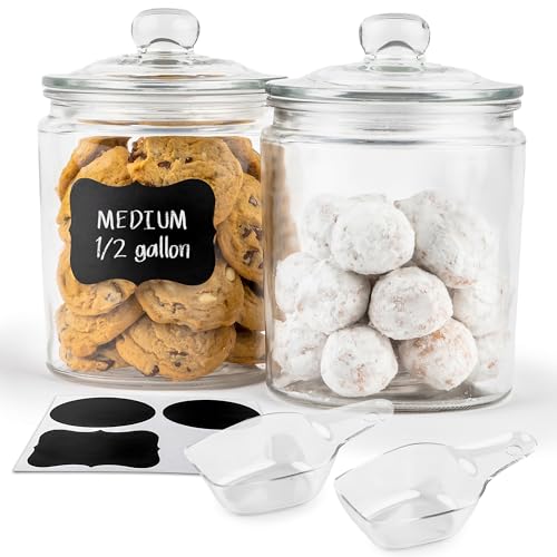 Glass Storage Containers with Lids, 1/2 Gallon, Set of 2, Glass Kitchen Jars, Food & Cookie Storage Containers for Pantry, Bathroom Apothecary Canisters, Dishwasher Safe, Chalk, Label, Scoops