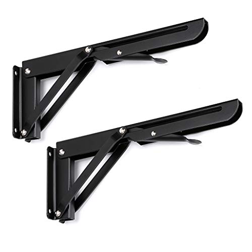 Sturdy Folding Shelf Brackets - Heavy Duty Metal Triangle Table Bench Folding Shelf Bracket 10 Inch, 2 Pcs Folding Shelf Hinge Wall Mounted, Max Load 132lb (Black)