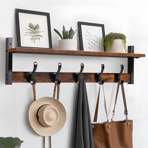 29" Rustic Coat Rack Wall Mount with Shelf, Entryway Wall Hooks with Shelf, Coat Hangers for Bathroom, Living Room, Bedroom, Rustic Black