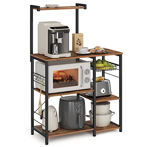 Baker's Rack, 35.4 Inches Microwave Stand with Wire Basket, 6 Hooks