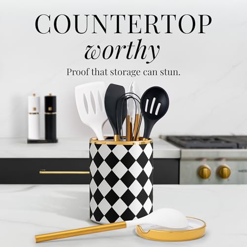 Black & White Checkered Utensil Holder Set - view 4