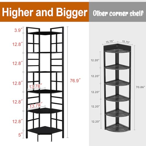 Corner Shelf, 6 Tier Tall Narrow Bookshelf 76.9", Industrial Corner Bookcase with Storage for Home Office Living Room and Bedroom, Black - view 2