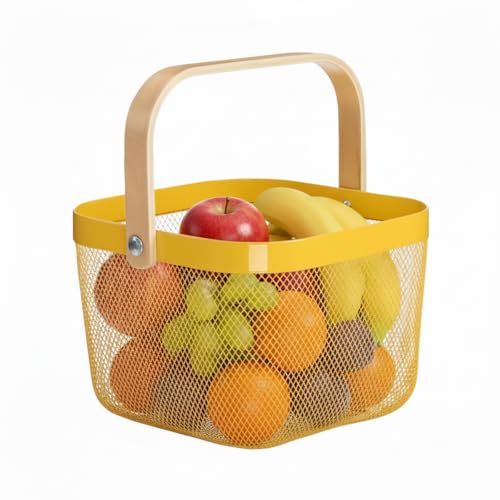 Mesh Steel Storage Organizer Basket Fruit Basket Bin with Wood Handle Ideal for Kitchen Bathroom Picnic Baskets Pantry Cabinets Storage Home Decor (Lemon Yellow)