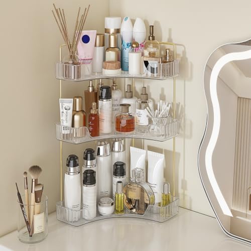 3-Tier Corner Bathroom Counter Organizer, Gold Metal Frame, Clear