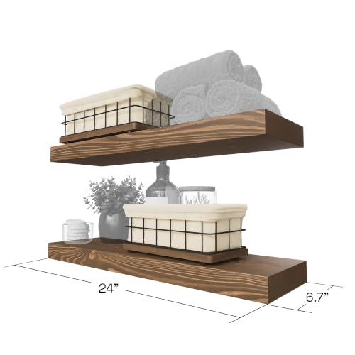 Bundle - 2 Items: Wood and Wire Baskets with Floating Shelves for Bathroom Decor, Toilet Paper Storage, Living Room Bedroom and Kitchen - view 3