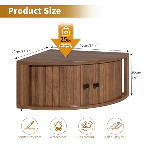 Corner Shelves Wall Cabinet Set of 3, Floating Corner Shelf Organizer with Sliding Doors, Fluted Wall Cabinet for Living Room, Bedroom, Office, Small Space, Walnut (Curved, 15.74“) - view 2