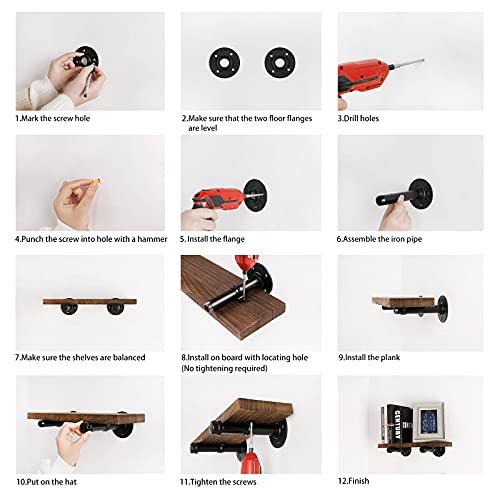 Wall Mounted Floating Shelves, Floating Shelves with Industrial Pipe Brackets Set of 2 Rustic Wood Storage Shelf for Bedroom Living Room Bathroom Kitchen Office and More (2, Brown) - view 5