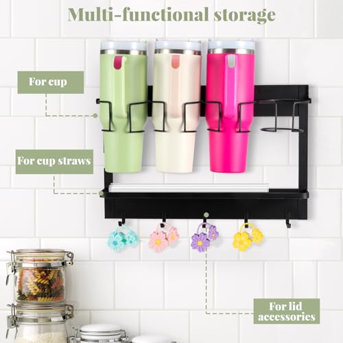 Water Bottle Organizer Holder, Magnetic Cup Rack Storage for Stanley & Large Tumbler, Space Saving Wall Mount Bottle Organizer with 5 Hook, Easy to Install, Black - view 3