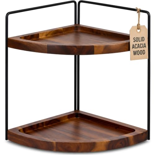 2-Tier Corner Bathroom Organizer, Acacia Wood Countertop Shelf