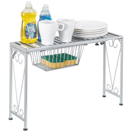 Silver Metal Over The Sink Organizer Shelf with Pull Out Drawer, Expandable Kitchen Caddy Rack, Bathroom Storage Shelf Riser with Scrollwork Design