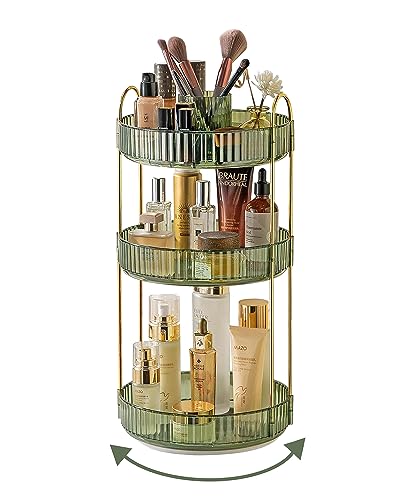 360 Rotating Makeup Organizer,3 Tier Large Capacity Make Up Organizers and Storage,Skincare Perfume Vanity Organizers,Bathroom Cosmetics Storage Organizer Countertop (Green)