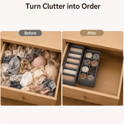 Drawer Organizer Foldable Storage Bin, 1 Pack Stackable Fabric Box for Lingerie Socks Underwear Bras, 6 Compartment Collapsible Insert for Closet Bedroom Travel Gray - view 6