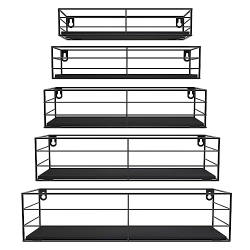 Floating Shelves Wall Mounted Set of 5, Black Hanging Storage Wall Shelf for Bathroom, Kitchen, Bedroom, Living Room Home Decor