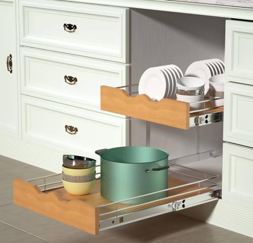 2 Tier Pull Out Cabinet Organizer (17" W x 21" D) Slide Out Wood Shelf Double Tier Kitchen Wire Basket With Chrome Finish… - view 2