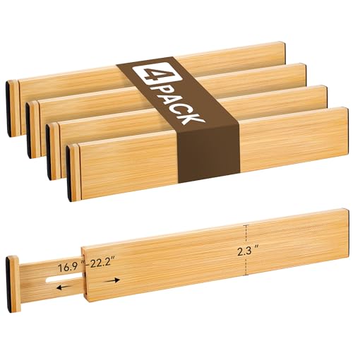 Adjustable Bamboo Drawer Dividers of 4, Expandable Organizers (16.9"-22.2")