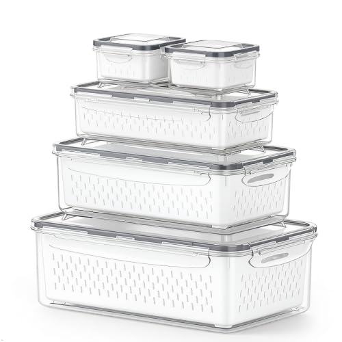 5 Pack Fruit Storage Containers for Fridge, Stackable Leakproof Food Keeper with Removable Colander, BPA-Free Produce Saver for Vegetables, Berries & Meat